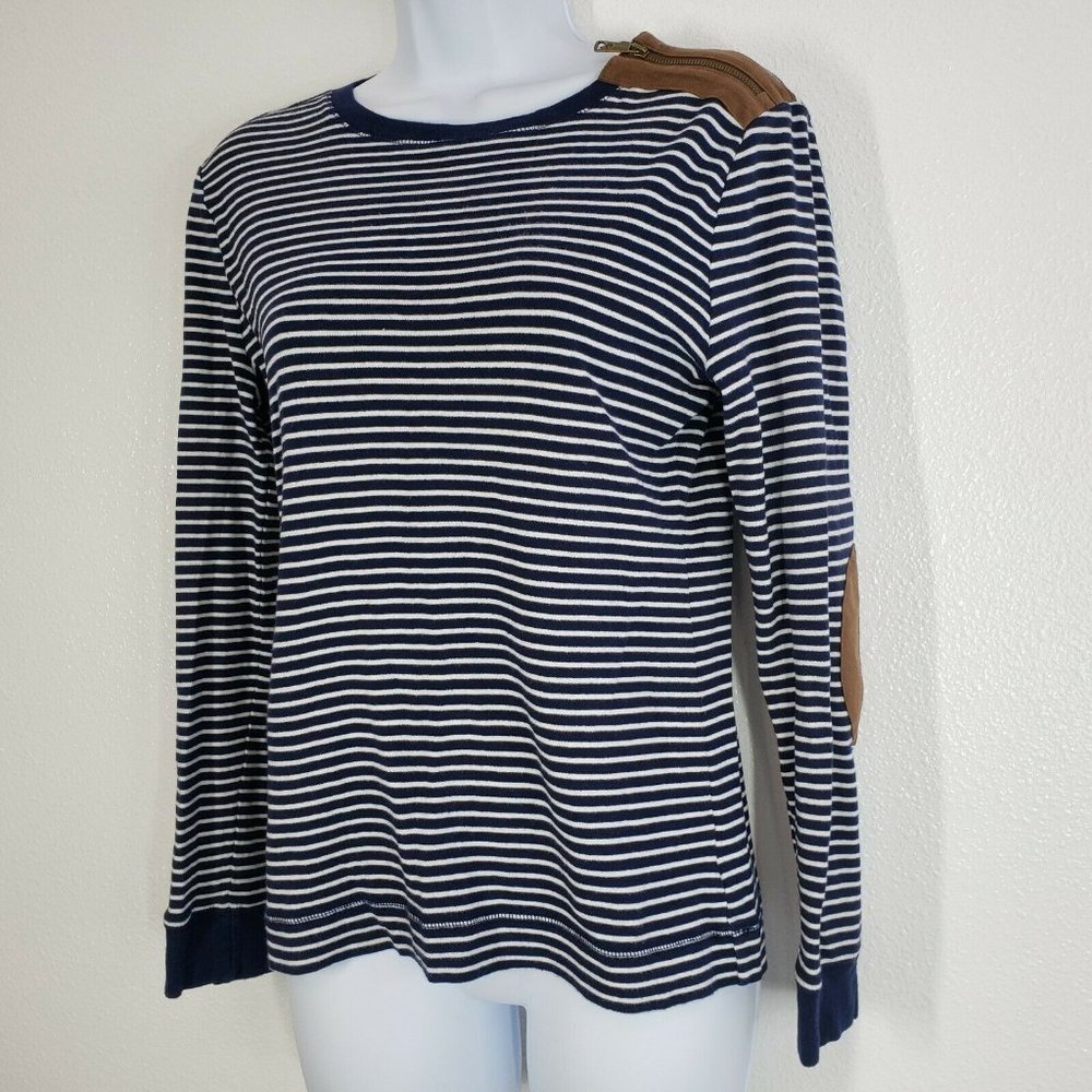 Lauren Ralph Lauren Womens top blue White Striped leather patch Shirt Medium‎ - Picture 4 of 10